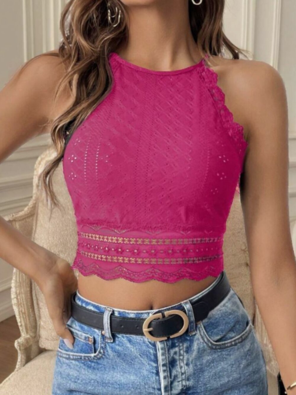 Pink Lace Crochet Trim Eyelet Cropped Halter Tank Top | Small